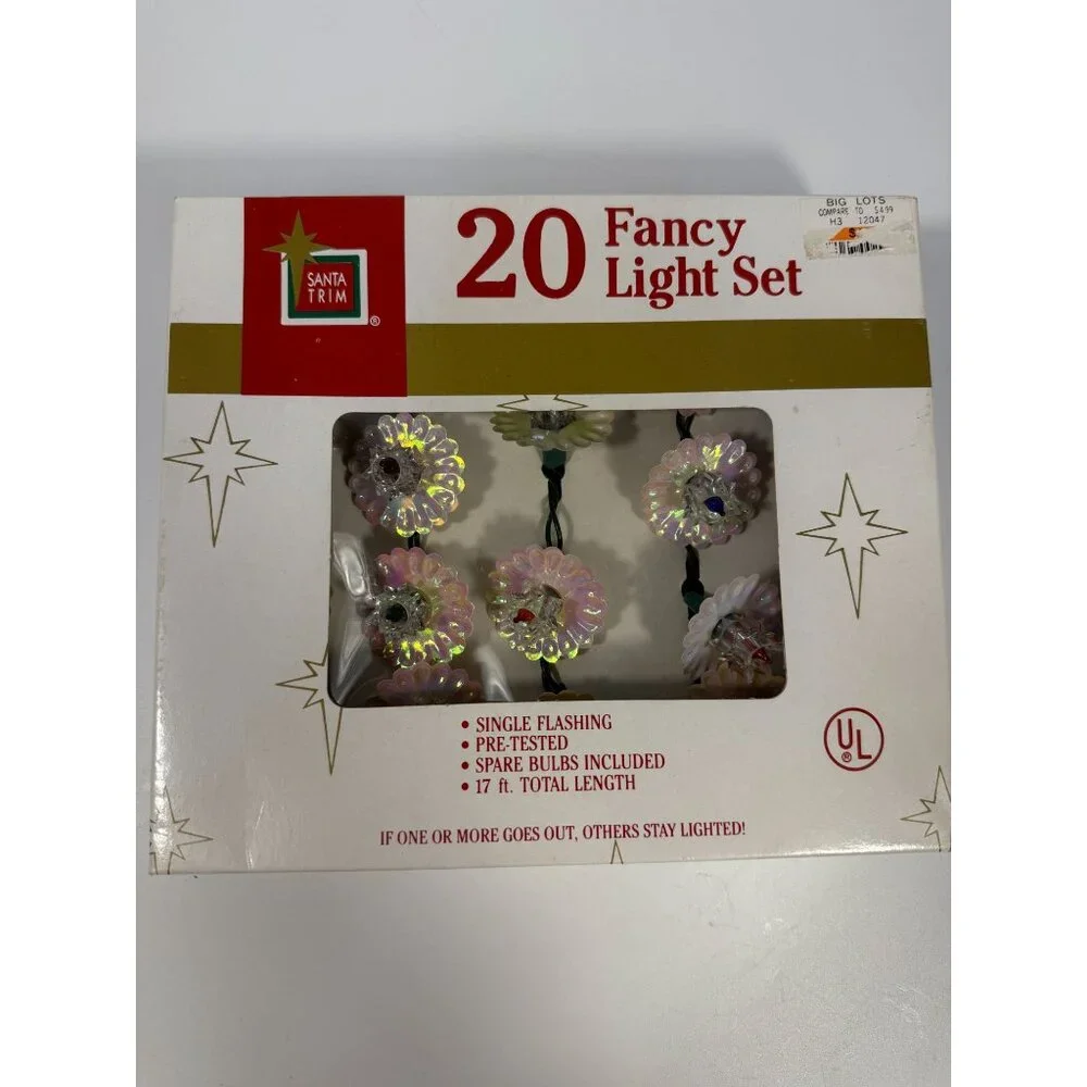 Christmas Tree Lights Vintage Santa Trim 20 Fancy Light Set Iridescent Flowers